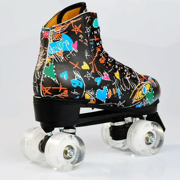 Adult Children Graffiti Double Row Four-Wheel Roller Skating Shoes - Size 34