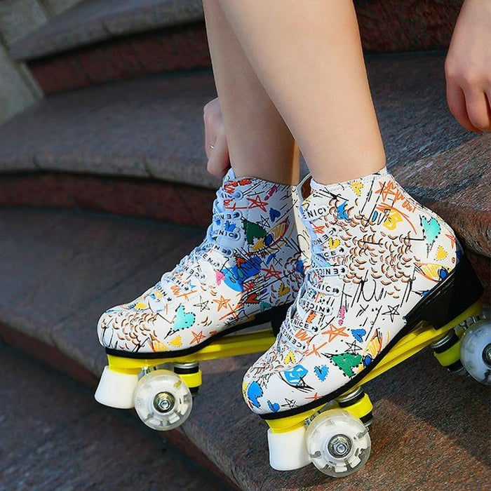 Adult Children Graffiti Double Row Four-Wheel Roller Skating Shoes - Size 34