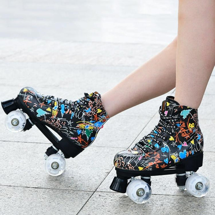 Adult Children Graffiti Double Row Four-Wheel Roller Skating Shoes - Size 34