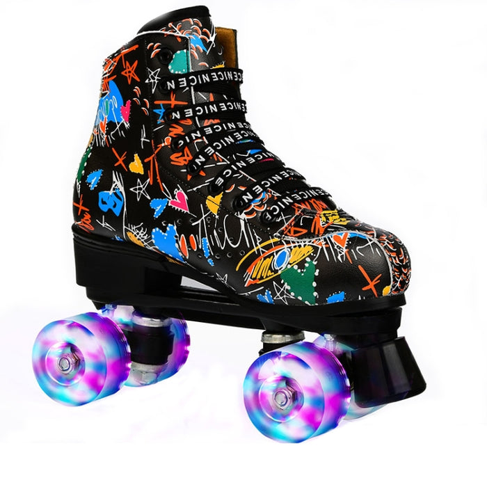 Adult Children Graffiti Double Row Four-Wheel Roller Skating Shoes - Size 36