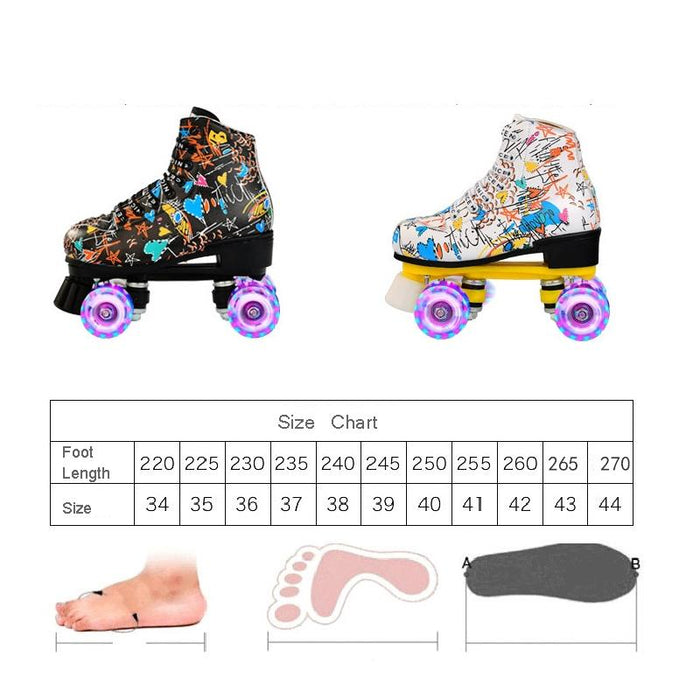 Adult Children Graffiti Double Row Four-Wheel Roller Skating Shoes - Size 37