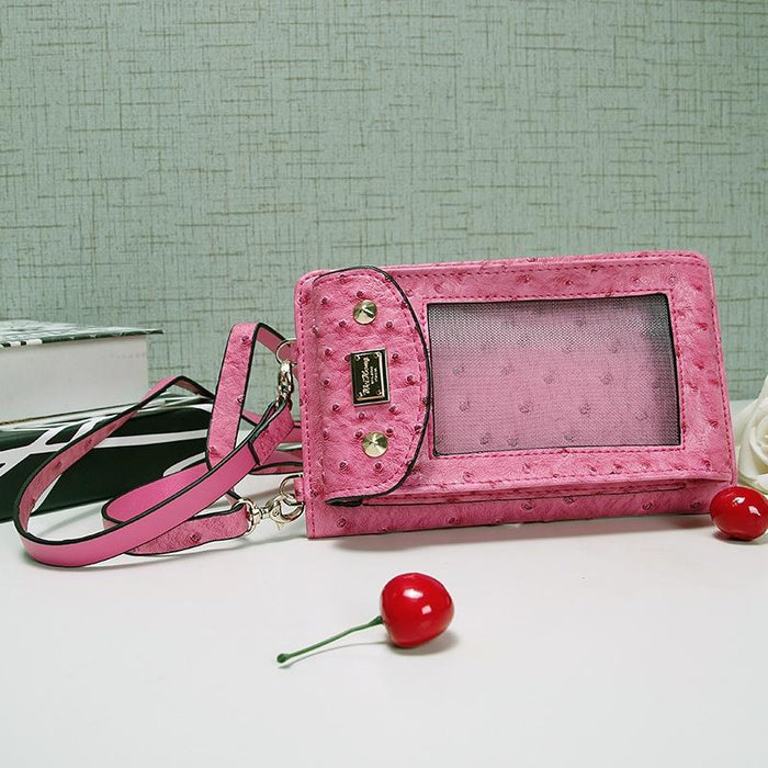 Multifunctional Touch Screen Hanging Neck Ostrich Pattern Mobile Phone Bag Women One-Shoulder Messenger Mini Coin Purse