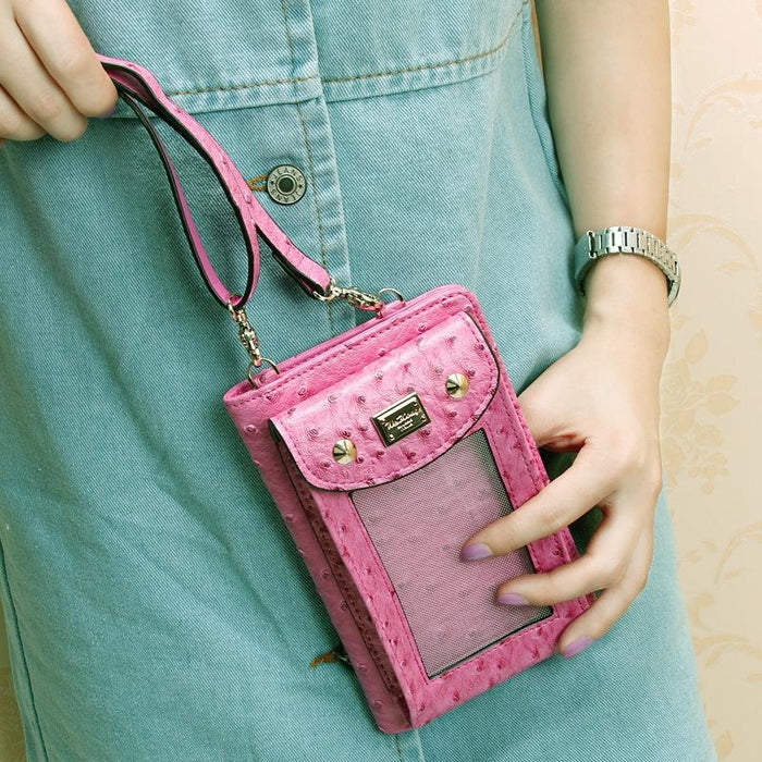 Multifunctional Touch Screen Hanging Neck Ostrich Pattern Mobile Phone Bag Women One-Shoulder Messenger Mini Coin Purse