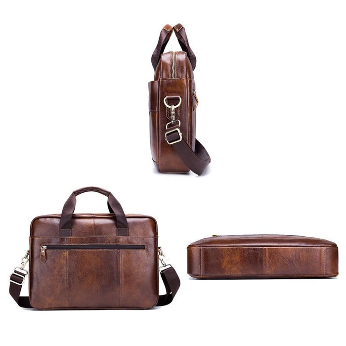 Men Leather Messenger Bag - 14 Inch Handheld Briefcase Brown