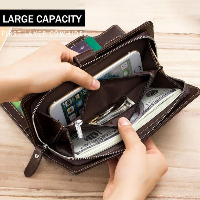 028 Long Buckle Retro Cowhide Multi-Function Wallet