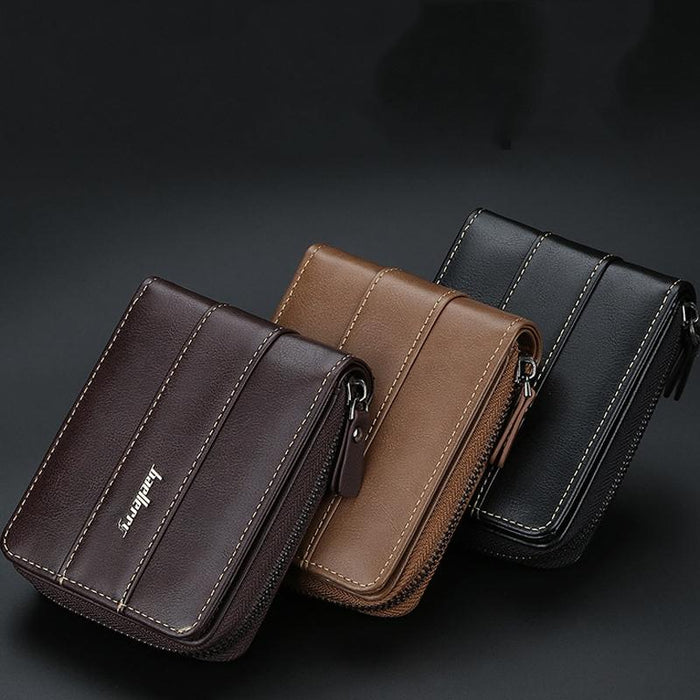 Men Short Wallet Buckle Multi-Card Coin Purse Tri-Fold Zip Wallet
