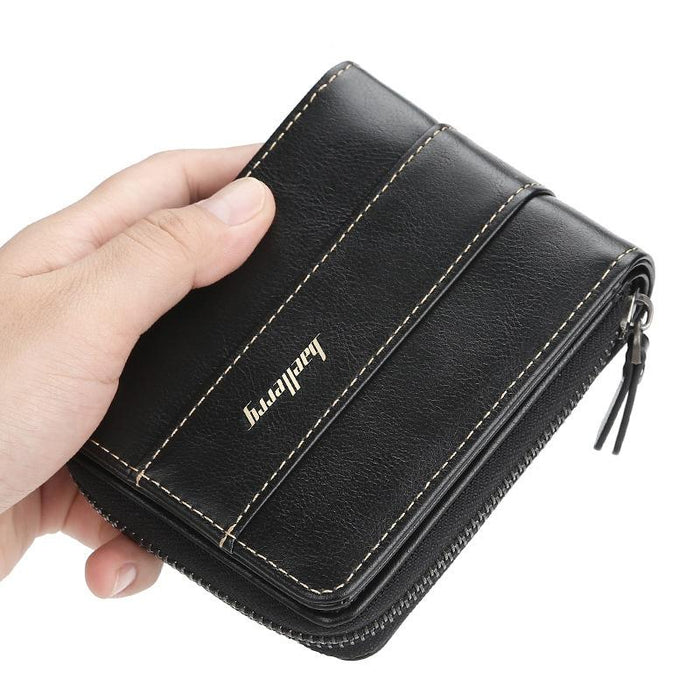 Men Short Wallet Buckle Multi-Card Coin Purse Tri-Fold Zip Wallet