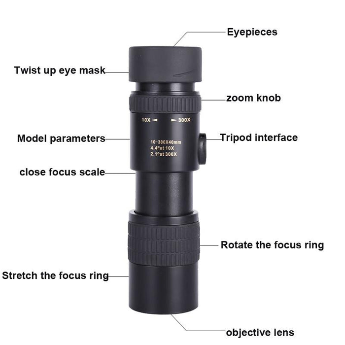 10-300X40 Monocular Hd Bak4 Prism Telescope - With Photo Holder & Tripod