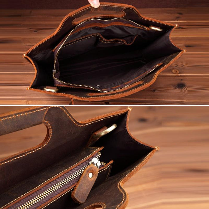 Vintage Leather Crossbody Briefcase - Dark Coffee