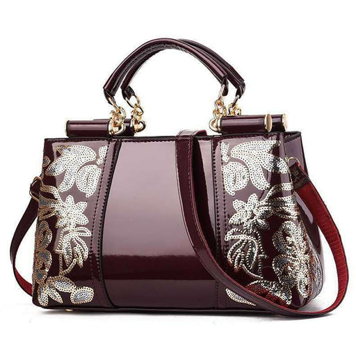 Single Sided Embroidered Shiny Leather Handbag