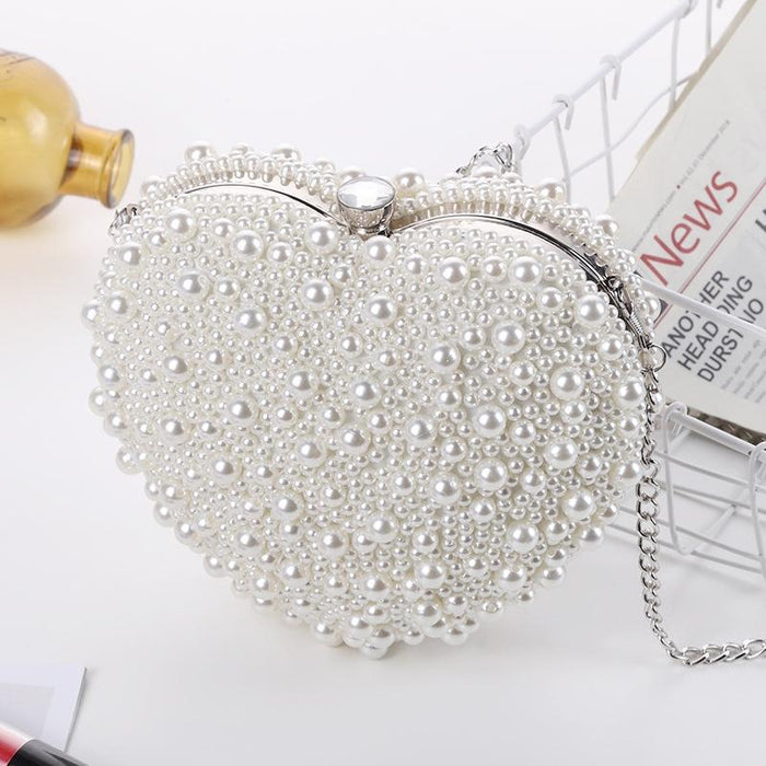 White Heart Shaped Evening Clutch With Chain