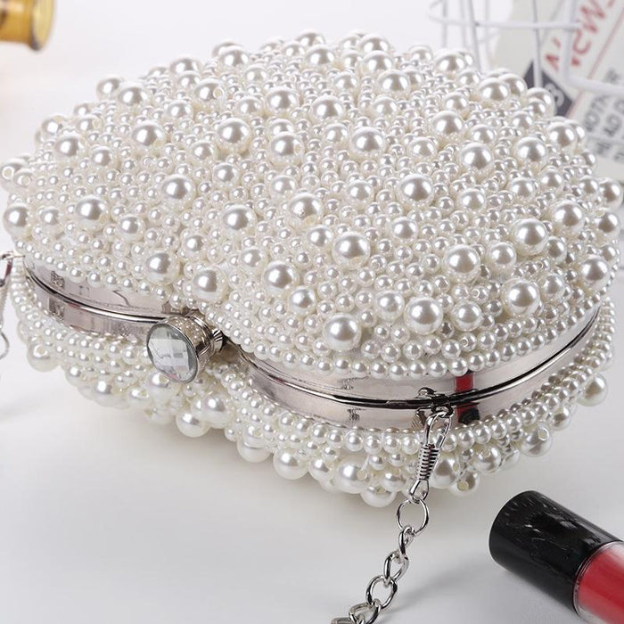 White Heart Shaped Evening Clutch With Chain