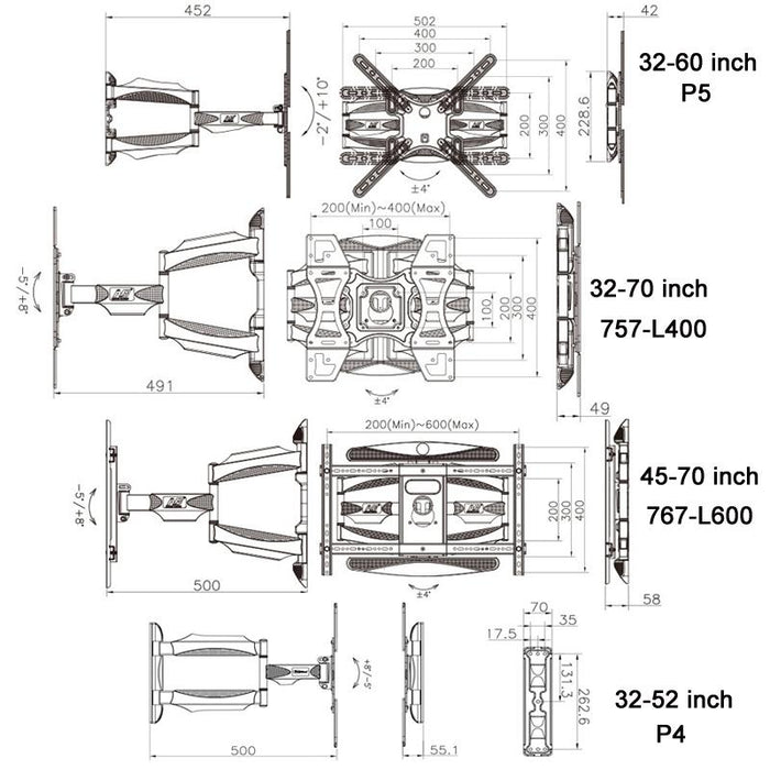 Telescopic Swivel Tv Monitor Wall Mount Bracket For 32-70 Inch