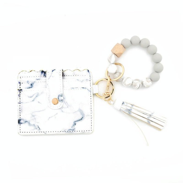 Pu Tassel Silicone Bead Bracelet Wallet With Keychain Colour Marble