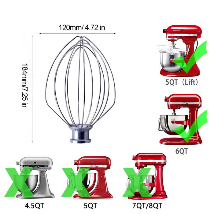 6Qt Stainless Steel Whip Whisk For Kitchenaid Stand Mixer