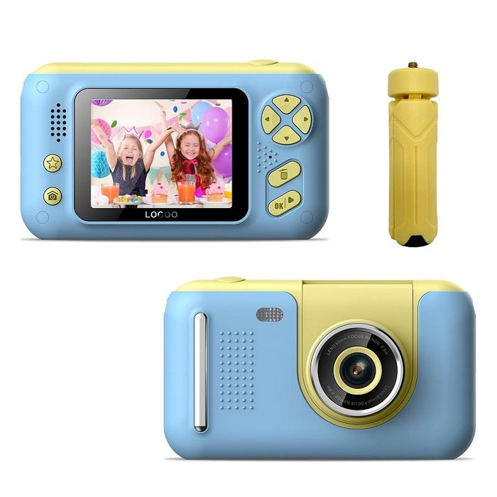 2.4 Inch Children Hd Reversible Photo Slr Camera - Yellow Blue With Bracket