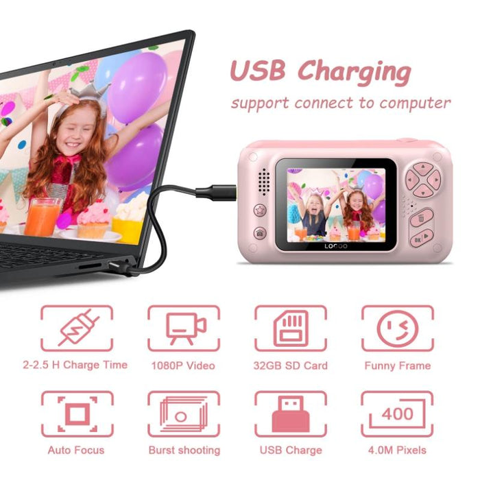 2.4 Inch Children Hd Reversible Photo Slr Camera - Pink & 16G Memory Card & Card Reader