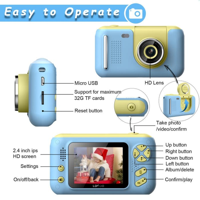 2.4 Inch Children Hd Reversible Photo Slr Camera - Yellow Blue & 16G Memory Card & Card Reader