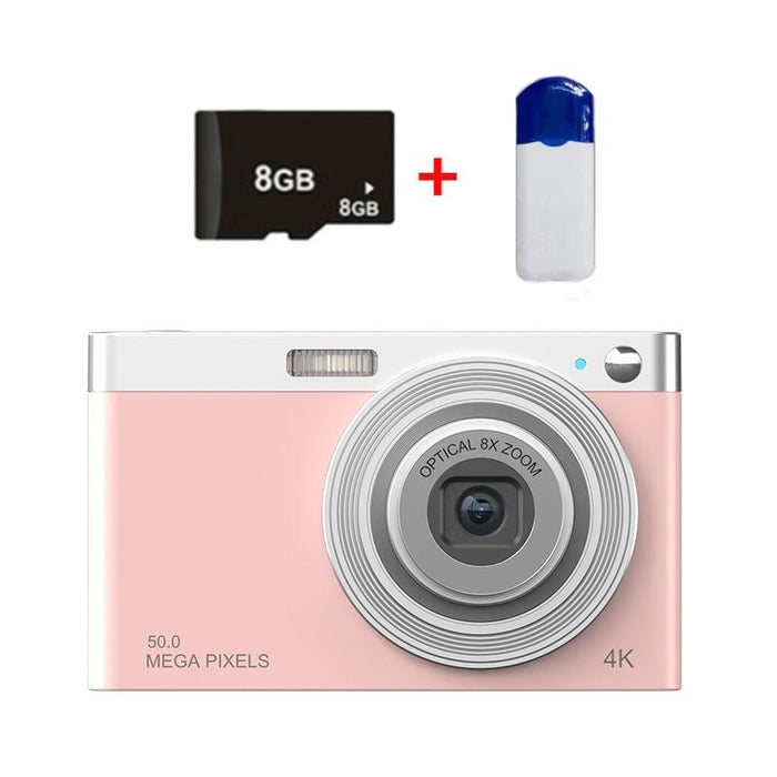 C13 2.88 Inch 4K 8X Optical Zoom Telescopic Lens Hd Digital Camera - Pink & Card Reader & 8G