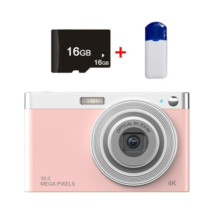 C13 2.88 Inch 4K 8X Optical Zoom Telescopic Lens Hd Digital Camera - Pink & Card Reader & 16G