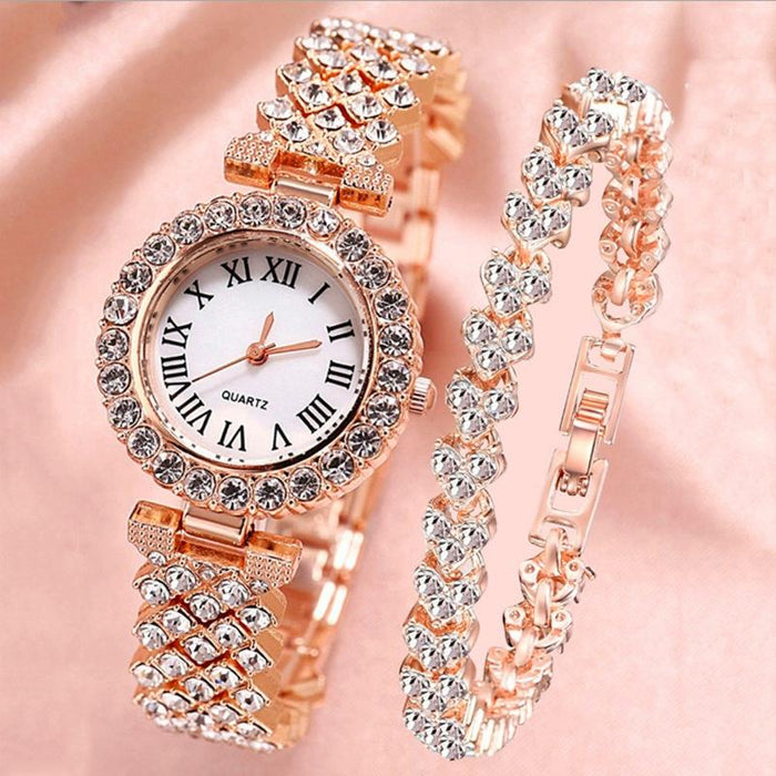 Roman Pattern Diamond Women Quartz Watch Rose Gold & Bracelet