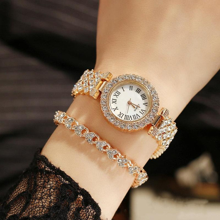 Roman Pattern Diamond Women Quartz Watch Rose Gold & Bracelet