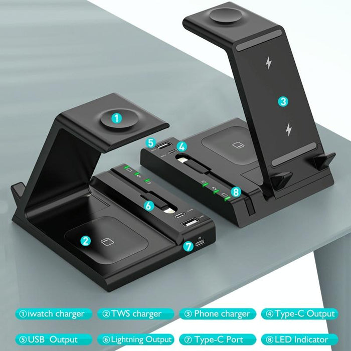 6 In 1 Wireless Charging Stand With Usb C Port & 8 Pin Cable