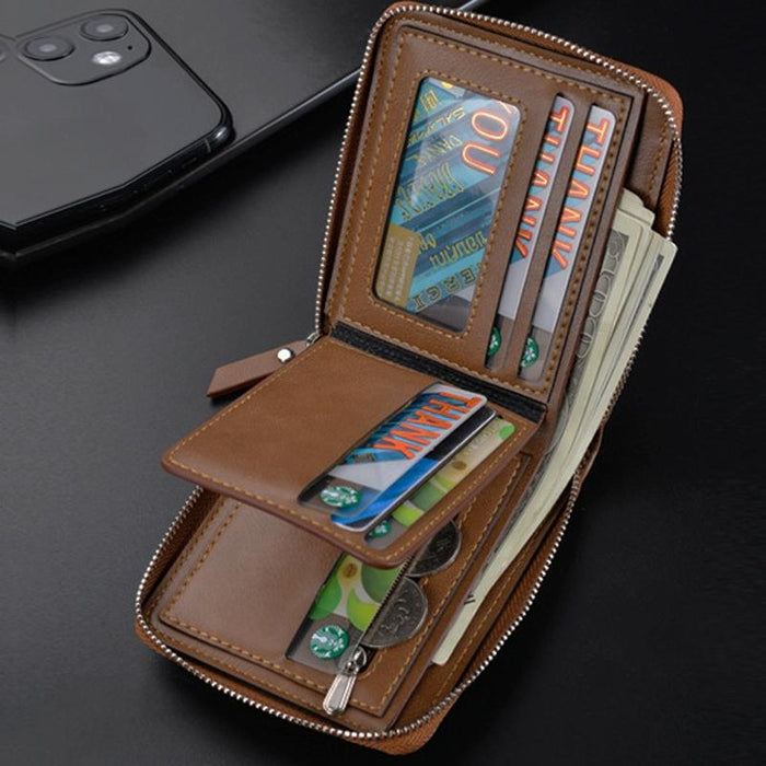 Men Retro Rfid Zip Wallet - Zipper Closure
