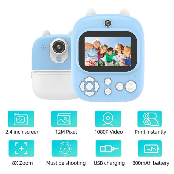 1200W Pixel 2.4 Inch Display Children Print Instant Camera 32G & Card Reader Blue