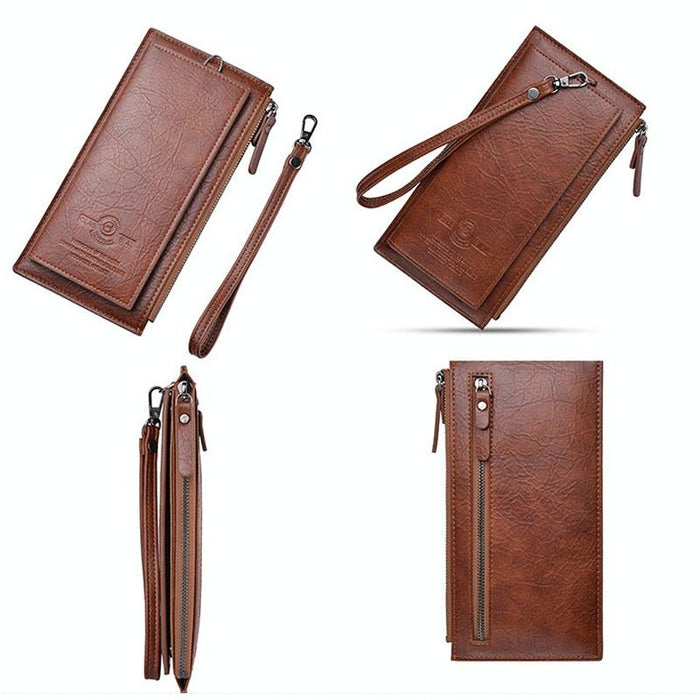 Men Long Wallet Retro Pu Soft Leather Hand Strap Clutch Mobile Phone Bag
