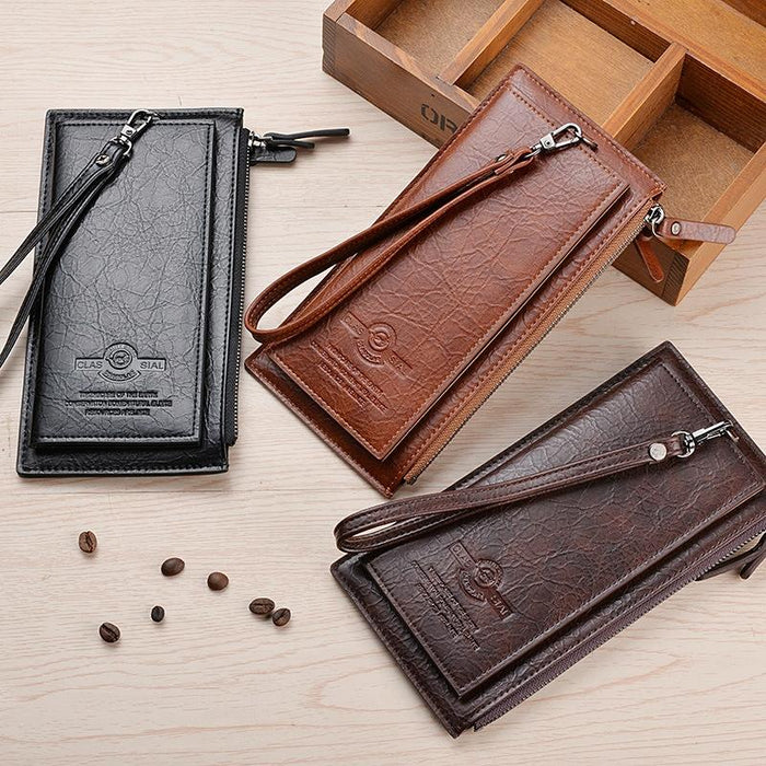 Men Long Wallet Retro Pu Soft Leather Hand Strap Clutch Mobile Phone Bag
