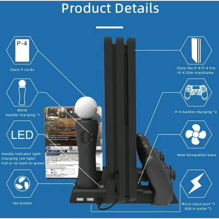 For Ps4/Ps4 Pro/Ps4 Slim Host Dual-Seat Charging Multi-Function Cooling Base Storage Bracket Black