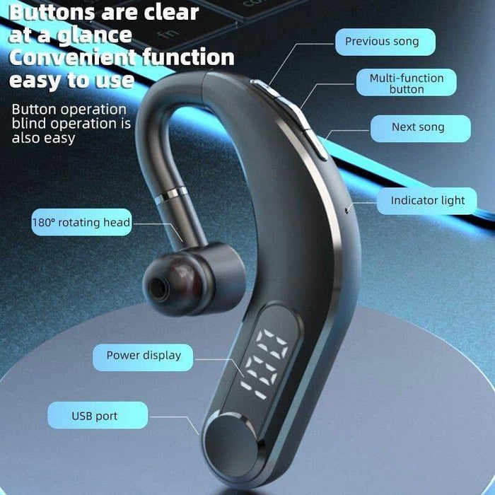 Ear-Mounted Waterproof Sports Smart Noise Reduction Bluetooth Earphones With Led Battery Display Black