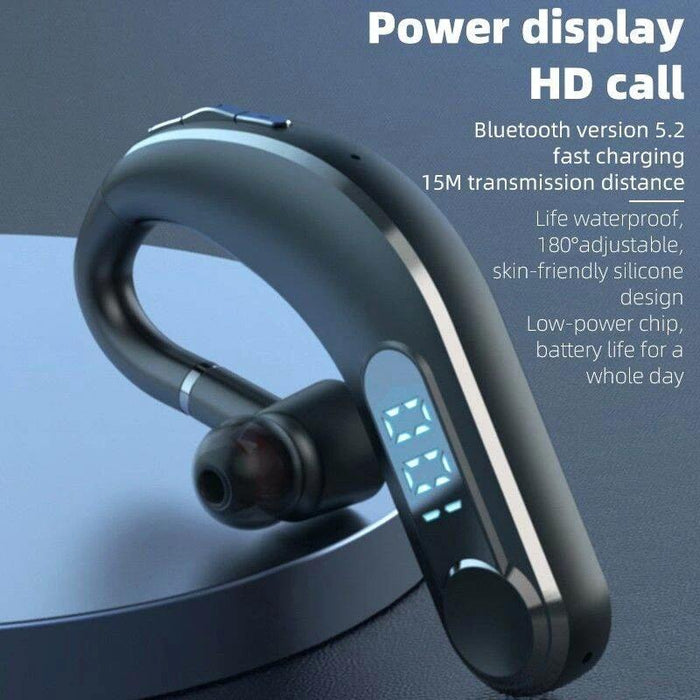 Ear-Mounted Waterproof Sports Smart Noise Reduction Bluetooth Earphones With Led Battery Display Black