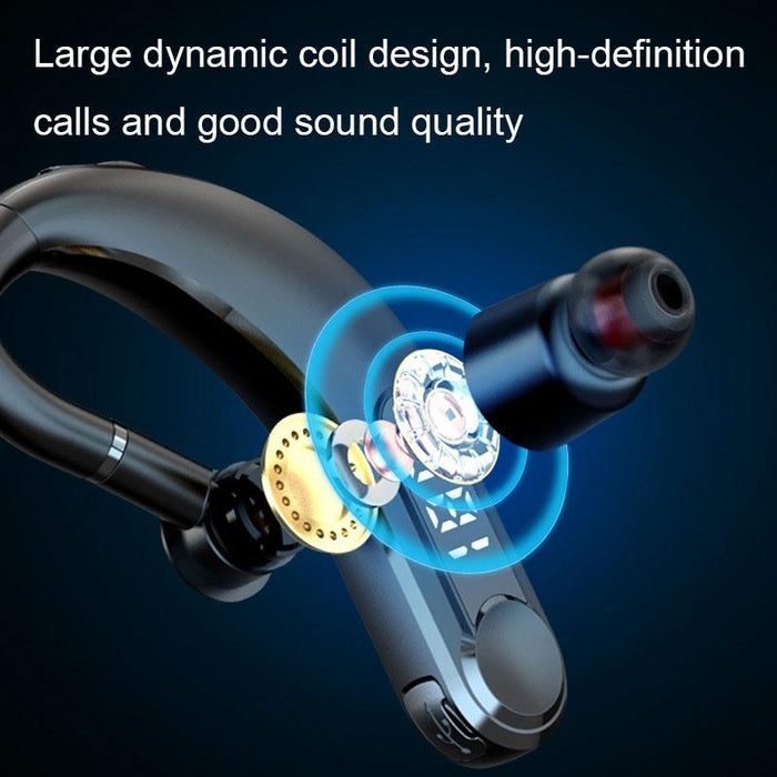 Ear-Mounted Waterproof Sports Smart Noise Reduction Bluetooth Earphones With Led Battery Display Black