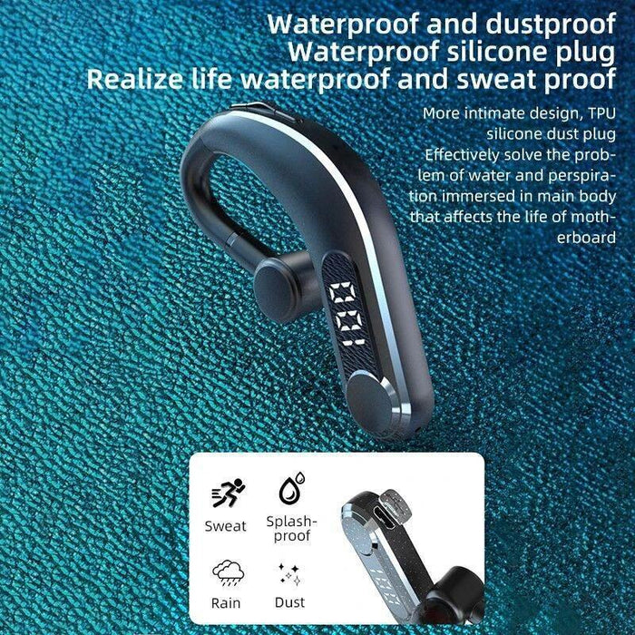 Ear-Mounted Waterproof Sports Smart Noise Reduction Bluetooth Earphones With Led Battery Display Black