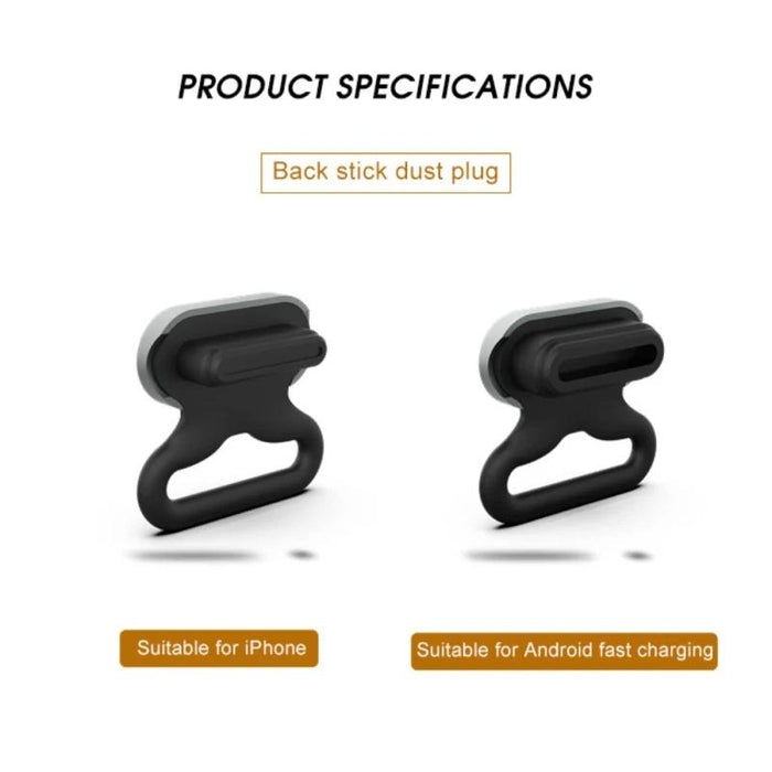 2 In 1 Phone Charging Port Silicone Dust Plug & Lanyard Patch Set Black