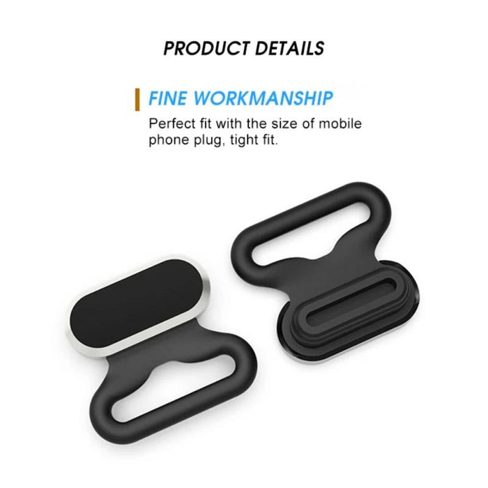 2 In 1 Phone Charging Port Silicone Dust Plug & Lanyard Patch Set Black