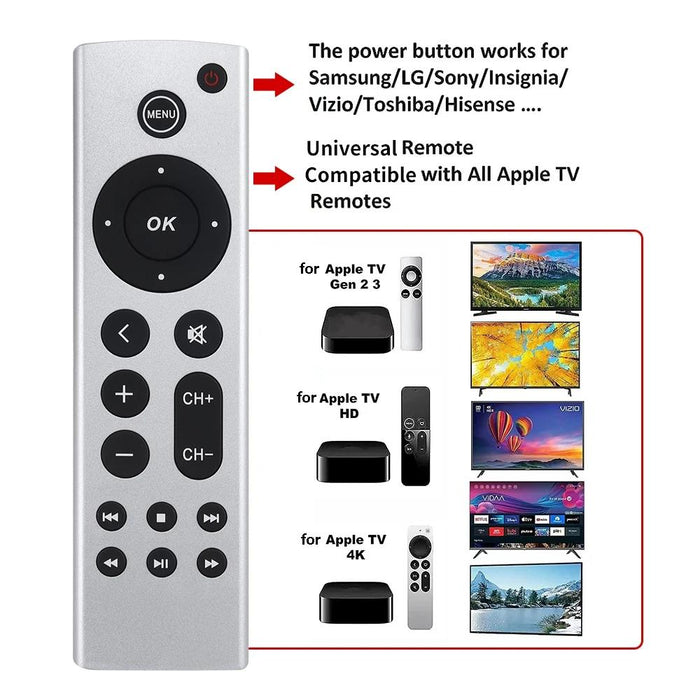 For Apple Tv Remote Control 4K / Hd A2169 A1842 A1625 Without Voice Silver