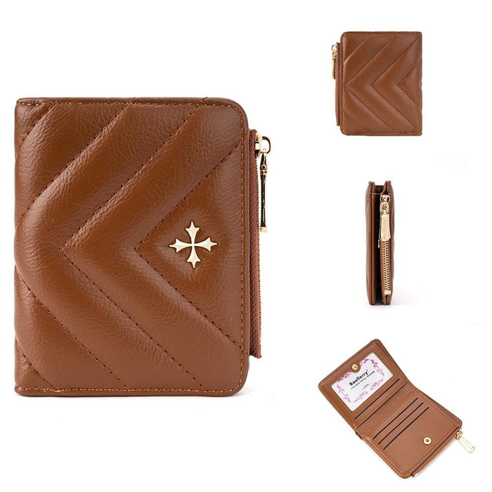 N2401 Pu Leather Short Wallet With Multiple Card Slots Cross Flower Zipper Coin Purse