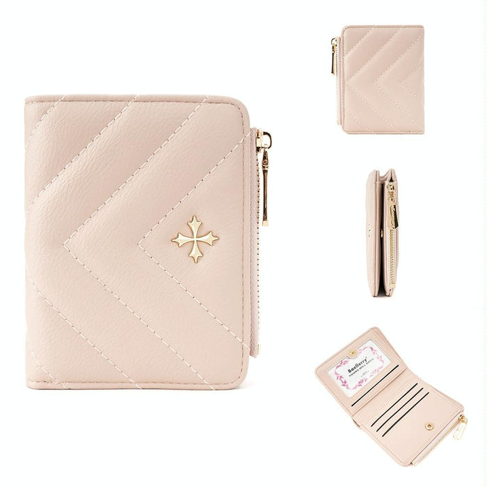 N2401 Pu Leather Short Wallet With Multiple Card Slots Cross Flower Zipper Coin Purse