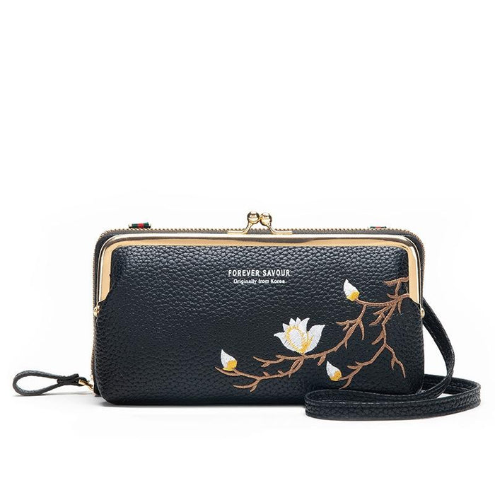 Black Embroidered Crossbody Wallet With Large Capacity
