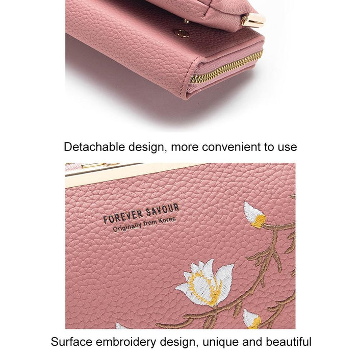 Black Embroidered Crossbody Wallet With Large Capacity