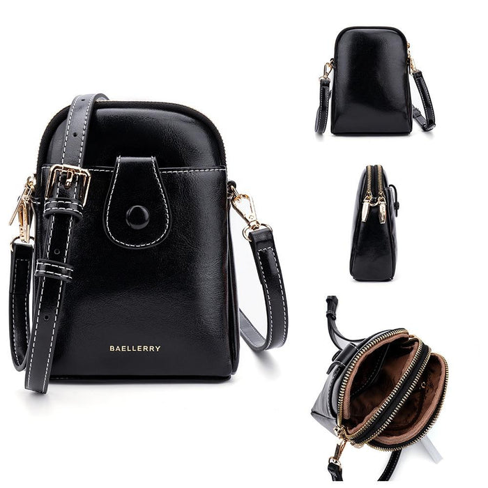 Oil Wax Leather Double Zip Crossbody Phone Bag