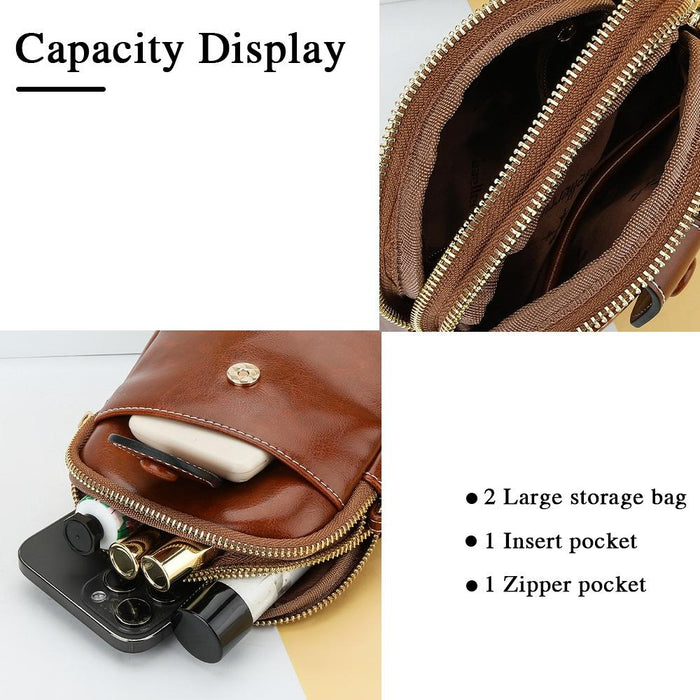 Oil Wax Leather Double Zip Crossbody Phone Bag