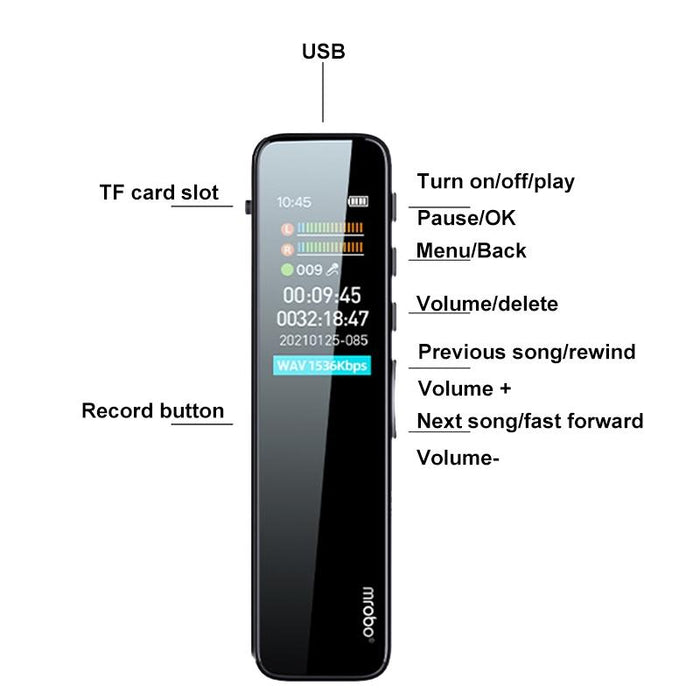 Mrobo Rv18 0.96-Inch Colour Screen Smart Noise Reduction Recording Pen Capacity 16 Gb