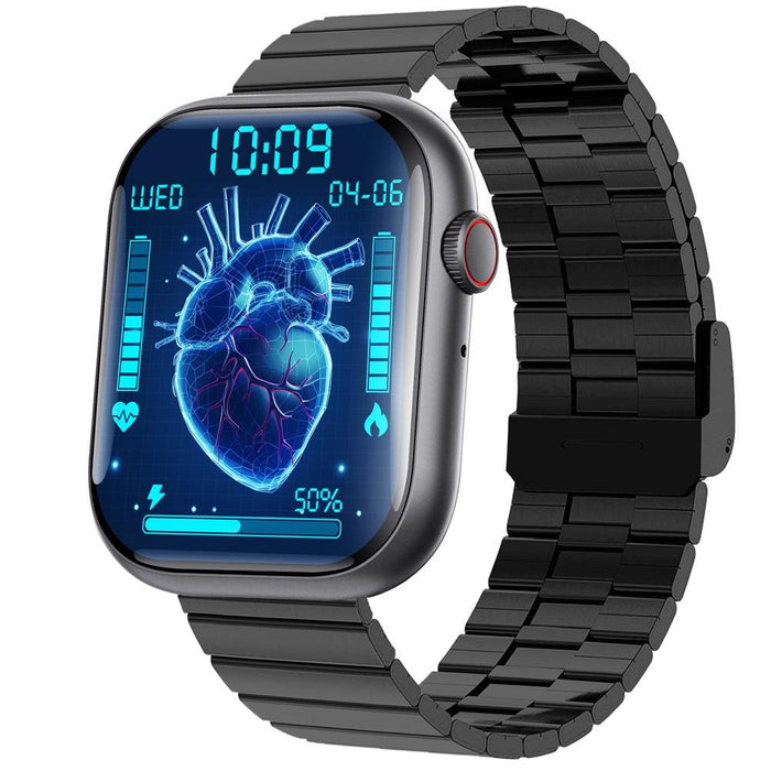 2.1 Inch Screen Smart Watch With Blood Sugar / Blood Oxygen Monitoring / Sos Alarm / 100+ Sports Modes - Black 3-Bead Steel