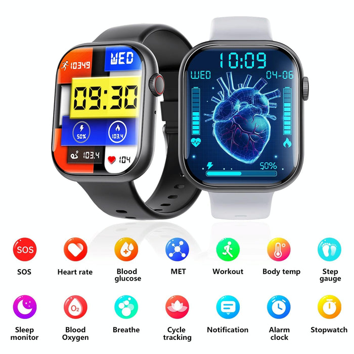 2.1 Inch Screen Smart Watch With Blood Sugar / Blood Oxygen Monitoring / Sos Alarm / 100+ Sports Modes - Black 3-Bead Steel