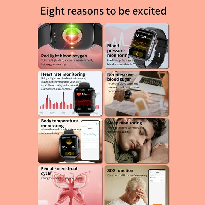 2.1 Inch Screen Smart Watch With Blood Sugar / Blood Oxygen Monitoring / Sos Alarm / 100+ Sports Modes - Black 3-Bead Steel