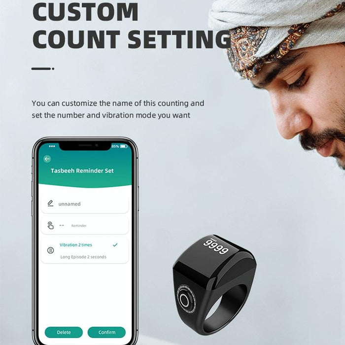 Smart Bluetooth Finger Counter Muslim Prayer Time Reminder Ring - Black 18Mm